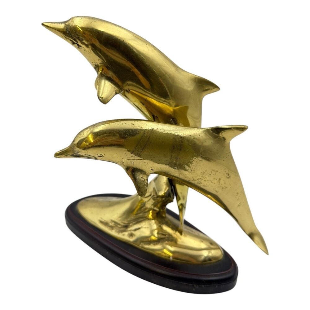 Vtg Twin Dolphins BRASS FIGURINE Gold Toned MID CENTURY MODERN Home Decor 9”